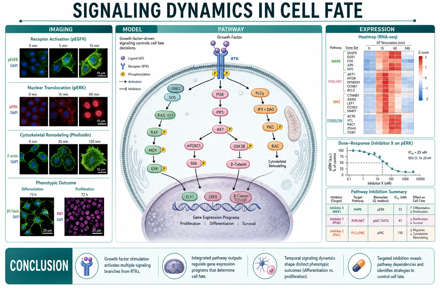Cell biology poster with a central signaling pathway, microscopy panels, expression heatmap, and dose-response results