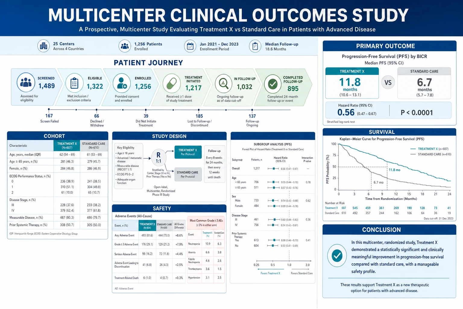 Clinical research poster with a patient journey, cohort table, forest plot, survival curve, and primary outcome
