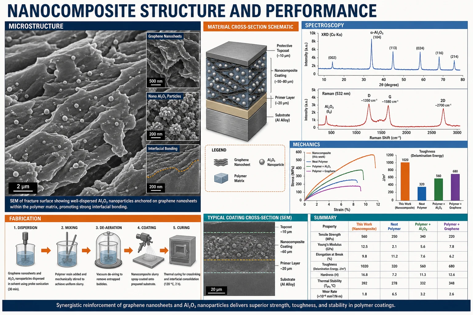 Materials science poster with SEM micrographs, a nanocomposite cross-section, spectra, and mechanical performance charts